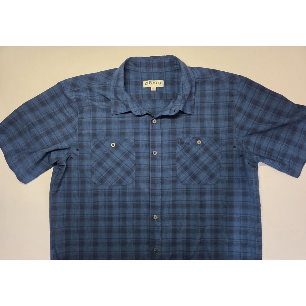 Orvis Mens Size L Blue Plaid Short Sleeve Polyester Button Up Shirt